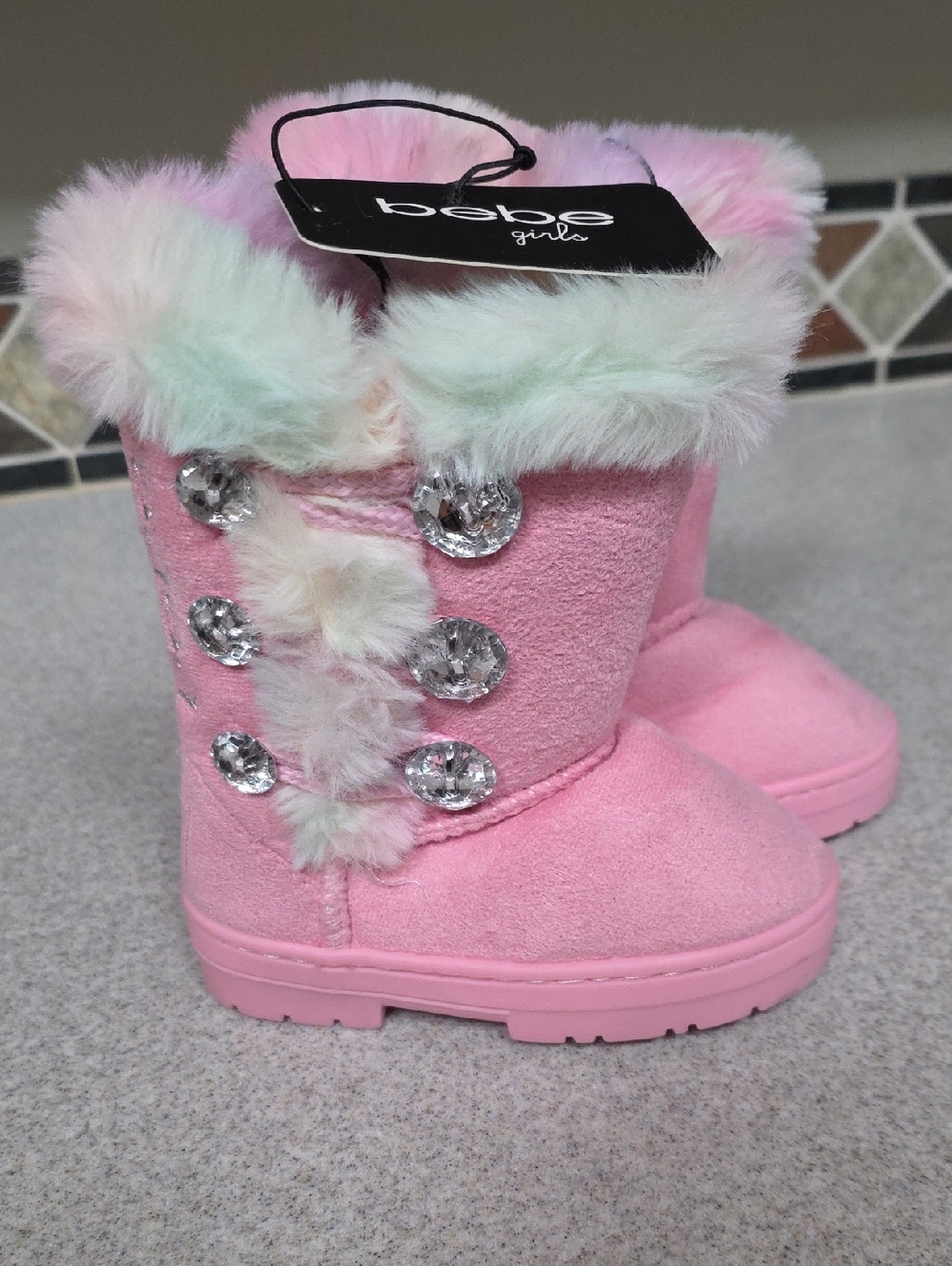 bebe Pink Girls Faux Fur & Crystal Button Boots